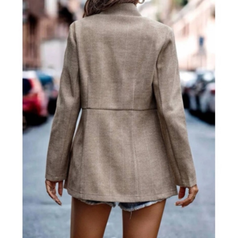 Luxe Khaki Herringbone Blazer Jacket Coat - Picture 3 of 4